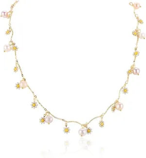 Daisy Flower Pendant Freshwater Pearl Necklace for Women's Pearl Strand Necklaces