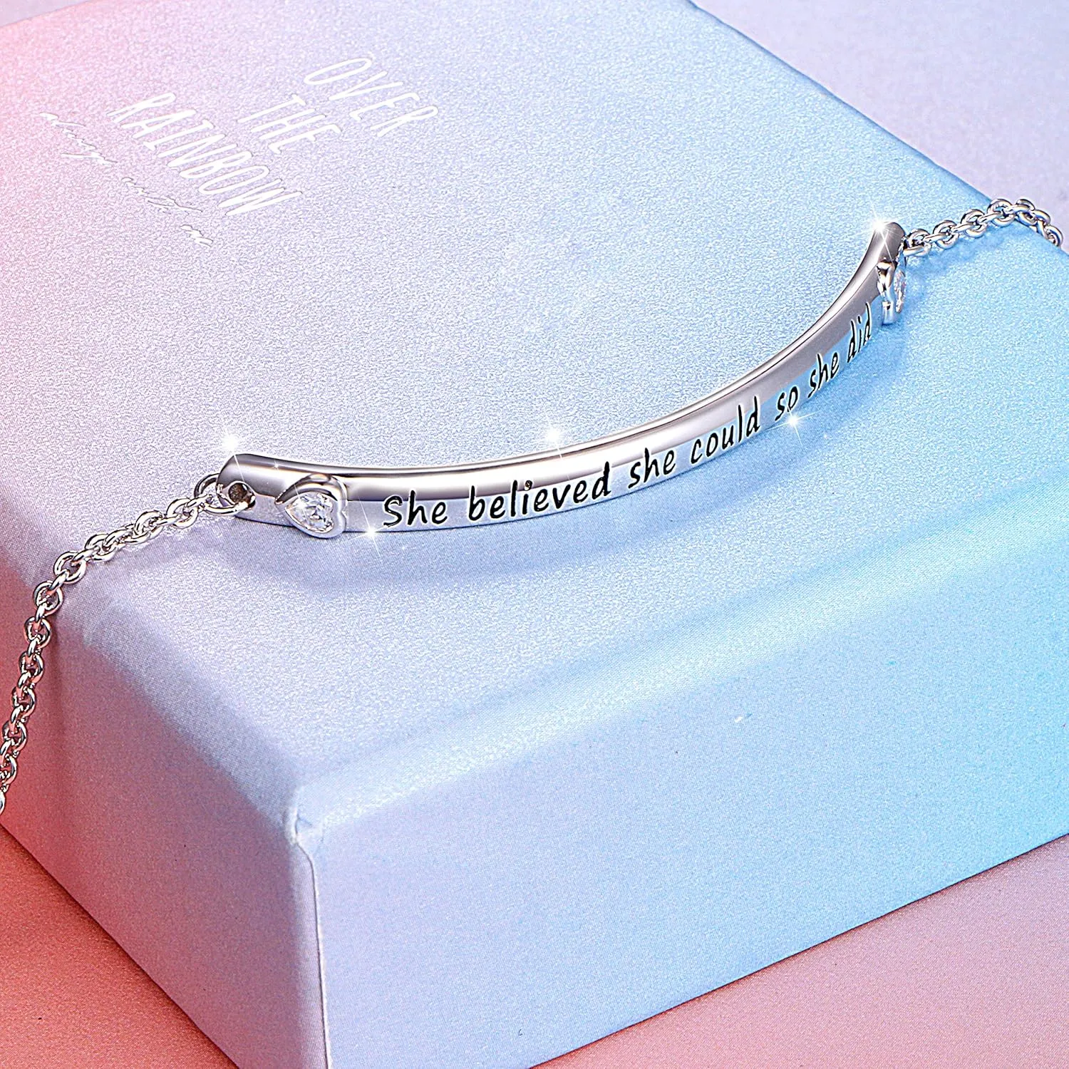 DAOCHONG Sterling Silver Bracelets for Women Engraved Message Mantra Bangle Bracelets Friend Encouragement Gift for Her