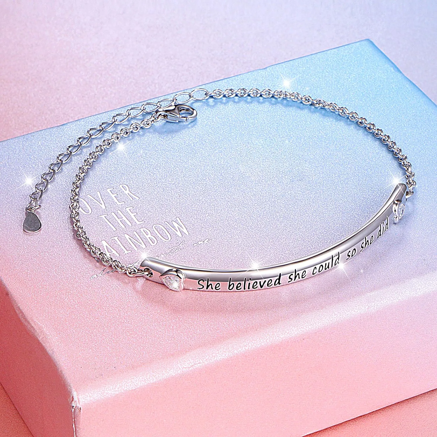 DAOCHONG Sterling Silver Bracelets for Women Engraved Message Mantra Bangle Bracelets Friend Encouragement Gift for Her