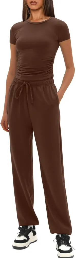 Darong Womens 2 Piece Outfit Sets Short Sleeve Crew Neck T Shirts with Jogger Pants Active Tracksuit Lounge Set