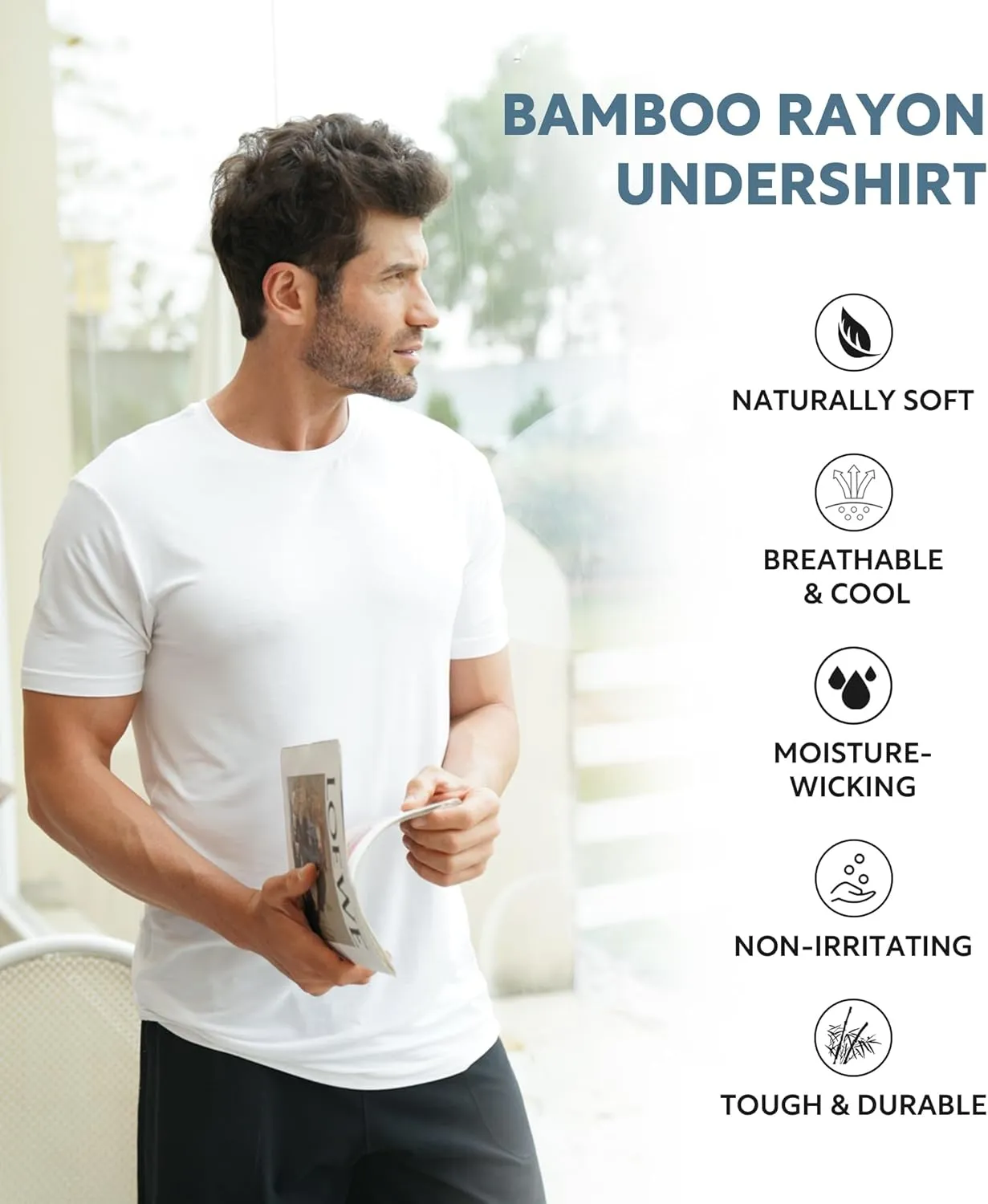 DAVID ARCHY Men's Undershirt Bamboo Rayon Moisture-Wicking Crewneck T-Shirts Stretch Tees for Men, 3 or 5 Pack