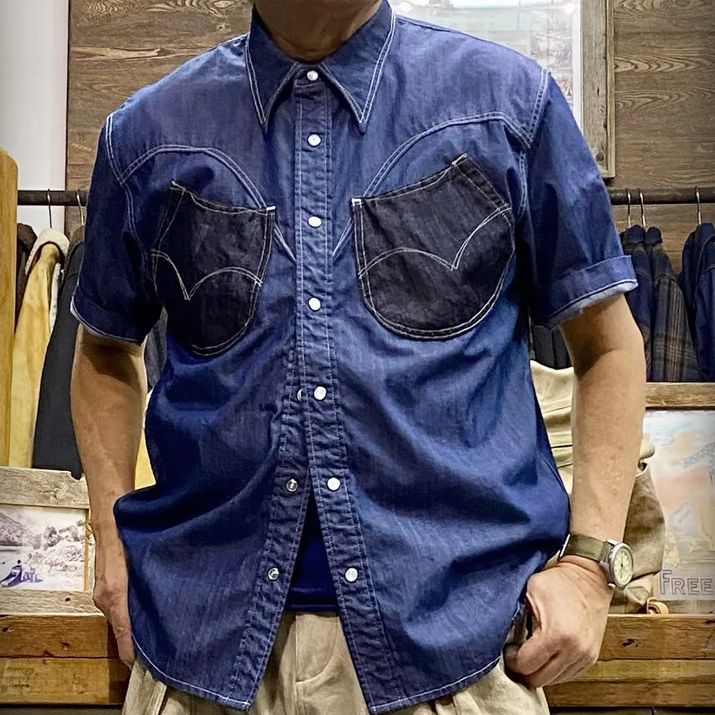 DDL 323R1-DEL TORO-LUCKY REGULAR FIT 2 CONTRAST HORSESHOE SHAPE POCKET SHORT SLEEVE WESTERN INDIGO TENCEL SHIRT-6OZ-E1 INDIGO