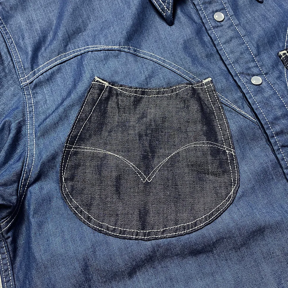 DDL 323R1-DEL TORO-LUCKY REGULAR FIT 2 CONTRAST HORSESHOE SHAPE POCKET SHORT SLEEVE WESTERN INDIGO TENCEL SHIRT-6OZ-E1 INDIGO