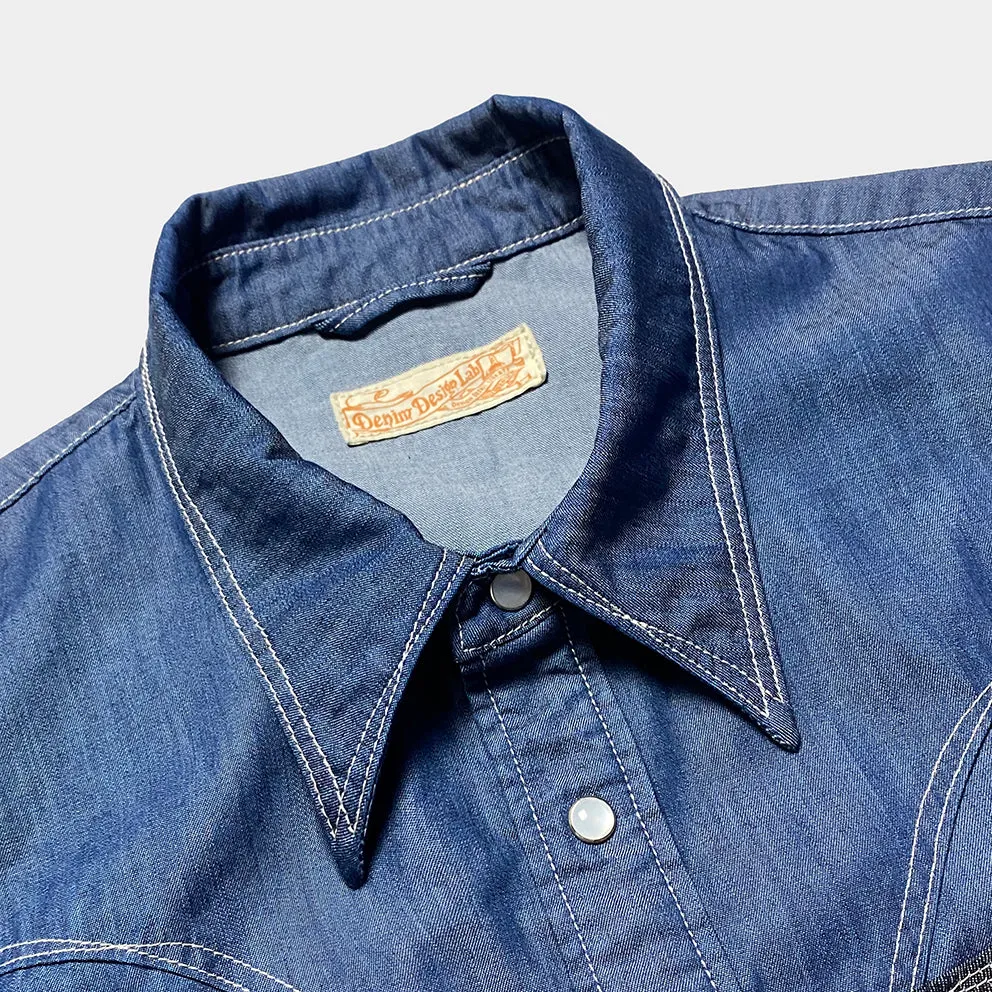 DDL 323R1-DEL TORO-LUCKY REGULAR FIT 2 CONTRAST HORSESHOE SHAPE POCKET SHORT SLEEVE WESTERN INDIGO TENCEL SHIRT-6OZ-E1 INDIGO