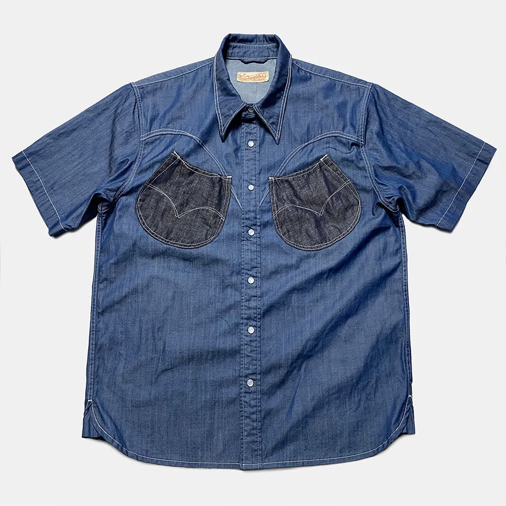DDL 323R1-DEL TORO-LUCKY REGULAR FIT 2 CONTRAST HORSESHOE SHAPE POCKET SHORT SLEEVE WESTERN INDIGO TENCEL SHIRT-6OZ-E1 INDIGO