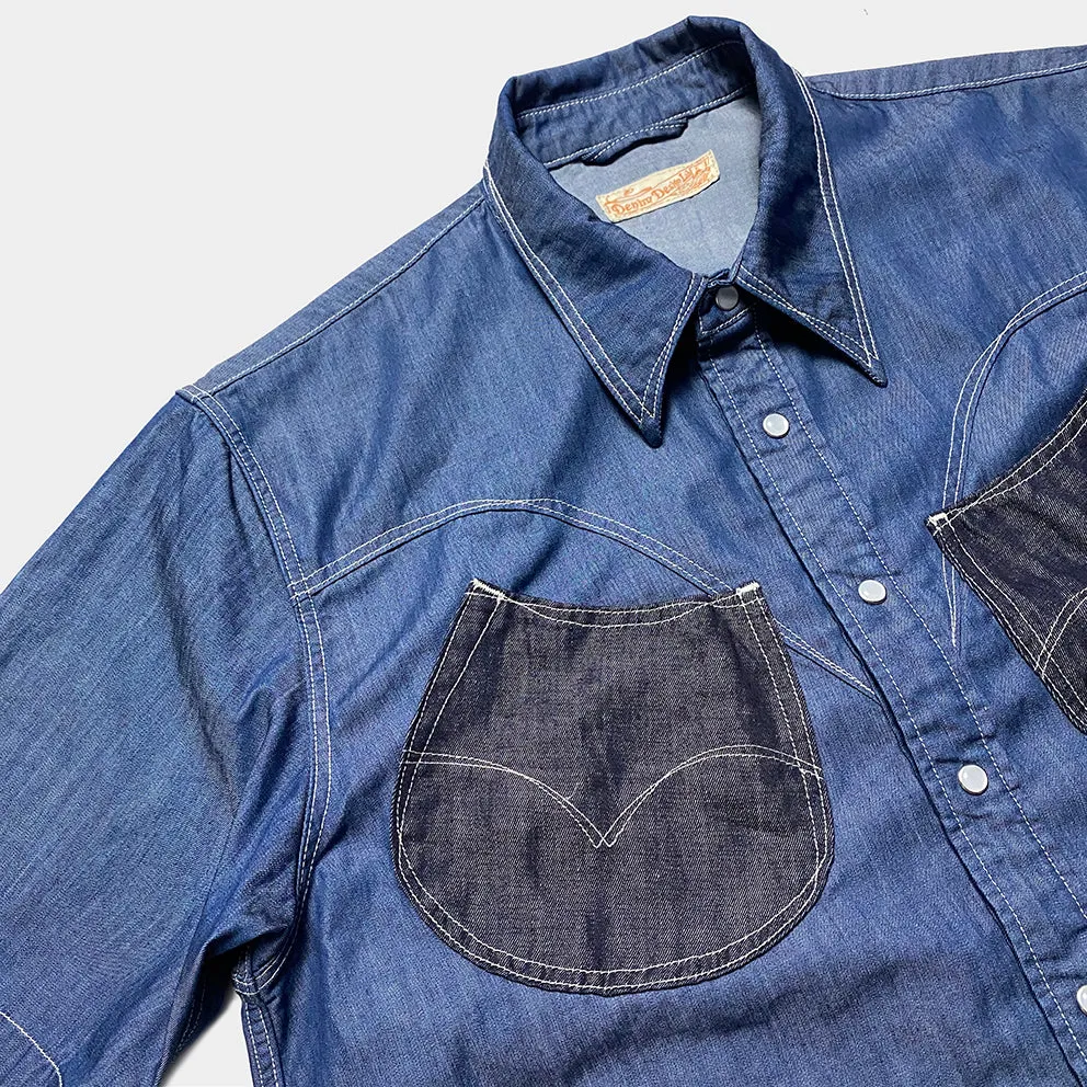 DDL 323R1-DEL TORO-LUCKY REGULAR FIT 2 CONTRAST HORSESHOE SHAPE POCKET SHORT SLEEVE WESTERN INDIGO TENCEL SHIRT-6OZ-E1 INDIGO