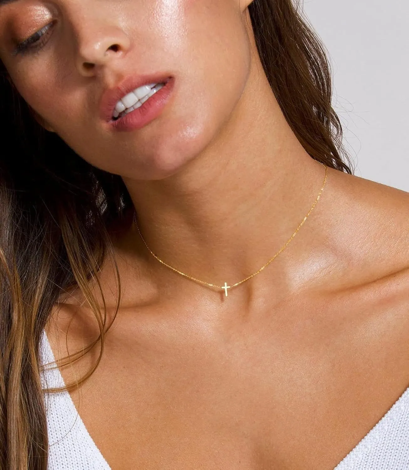 DEARMAY Dainty Cross Necklace for Women, Dainty 14k Gold Filled/Silver Cross Necklaces Simple Layered Small Cross Choker Necklace Thin Chain Necklaces Aesthetic Jewelry for Women Gift