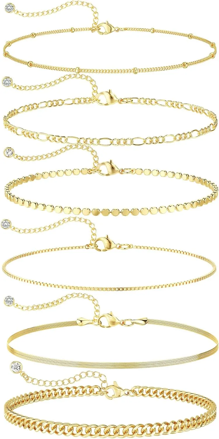 DEARMAY Waterproof Gold Bracelets Set for Women Trendy, Dainty 14K Real Gold Plated Jewelry Fashion Stackable Tennis Beaded Figaro Herringbone Paperclip Link Bracelet Pack Stack Gifts for Women
