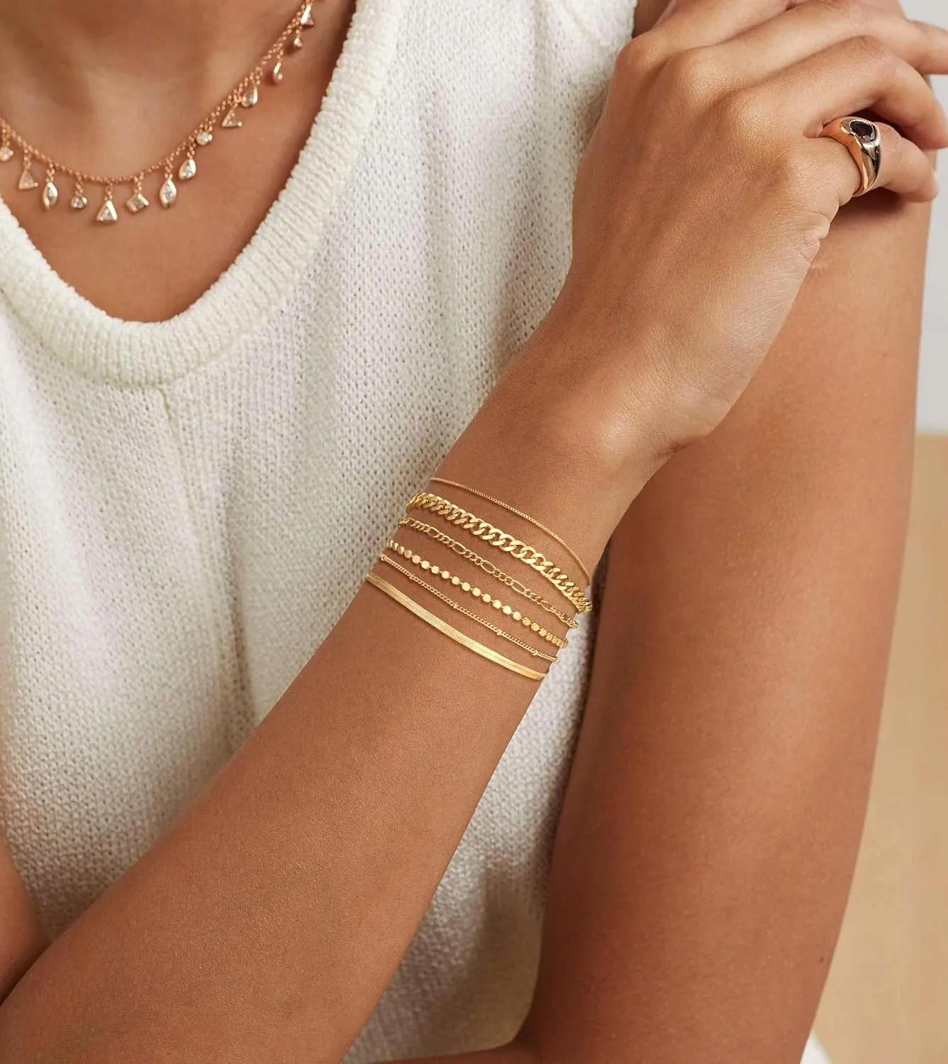 DEARMAY Waterproof Gold Bracelets Set for Women Trendy, Dainty 14K Real Gold Plated Jewelry Fashion Stackable Tennis Beaded Figaro Herringbone Paperclip Link Bracelet Pack Stack Gifts for Women