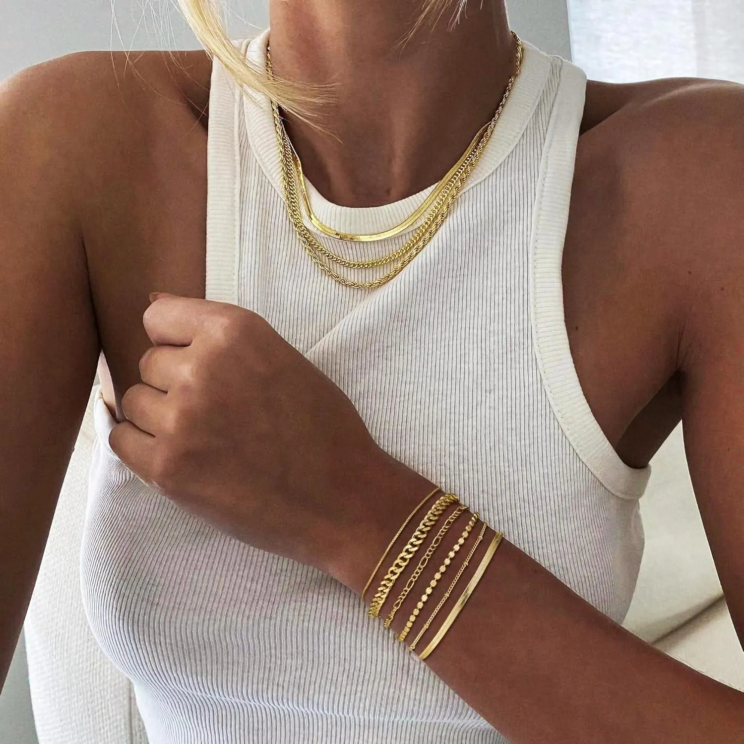 DEARMAY Waterproof Gold Bracelets Set for Women Trendy, Dainty 14K Real Gold Plated Jewelry Fashion Stackable Tennis Beaded Figaro Herringbone Paperclip Link Bracelet Pack Stack Gifts for Women