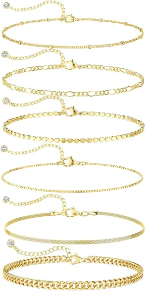 DEARMAY Waterproof Gold Bracelets Set for Women Trendy, Dainty 14K Real Gold Plated Jewelry Fashion Stackable Tennis Beaded Figaro Herringbone Paperclip Link Bracelet Pack Stack Gifts for Women