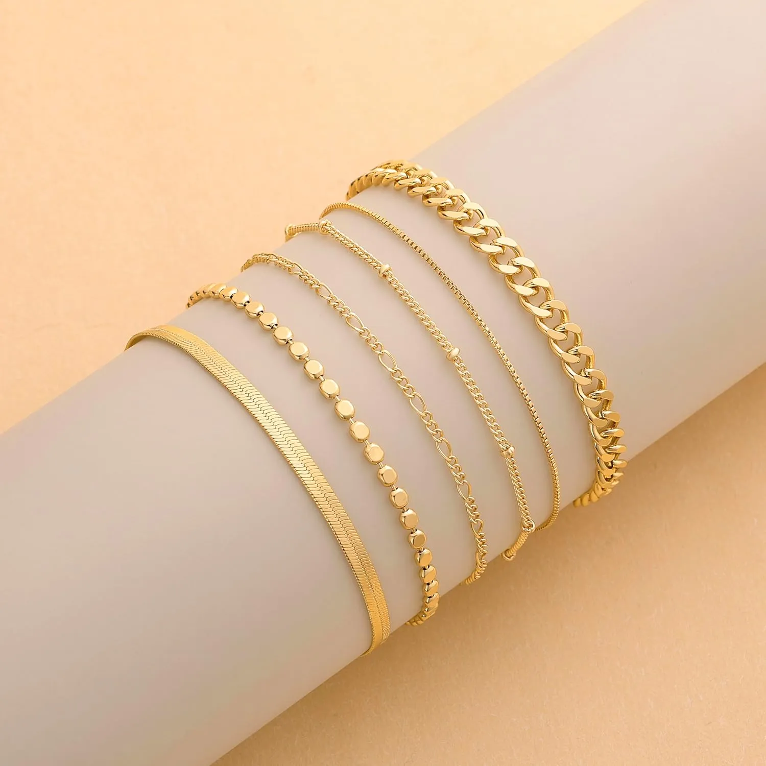DEARMAY Waterproof Gold Bracelets Set for Women Trendy, Dainty 14K Real Gold Plated Jewelry Fashion Stackable Tennis Beaded Figaro Herringbone Paperclip Link Bracelet Pack Stack Gifts for Women