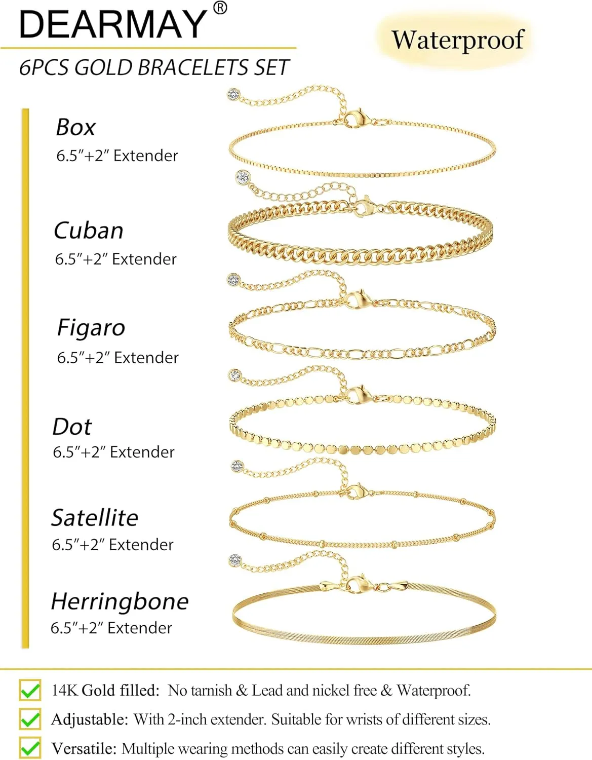 DEARMAY Waterproof Gold Bracelets Set for Women Trendy, Dainty 14K Real Gold Plated Jewelry Fashion Stackable Tennis Beaded Figaro Herringbone Paperclip Link Bracelet Pack Stack Gifts for Women