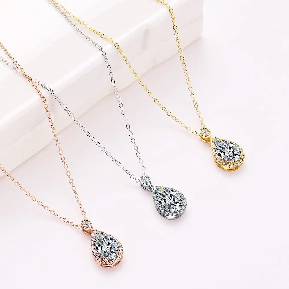 DHQH Bridesmaid Proposal Gifts CZ Tearsdrop Earrings Necklace Set Crystals Pendant Necklaces Jewelry Sets for Bridal Bridesmaids Prom Wedding