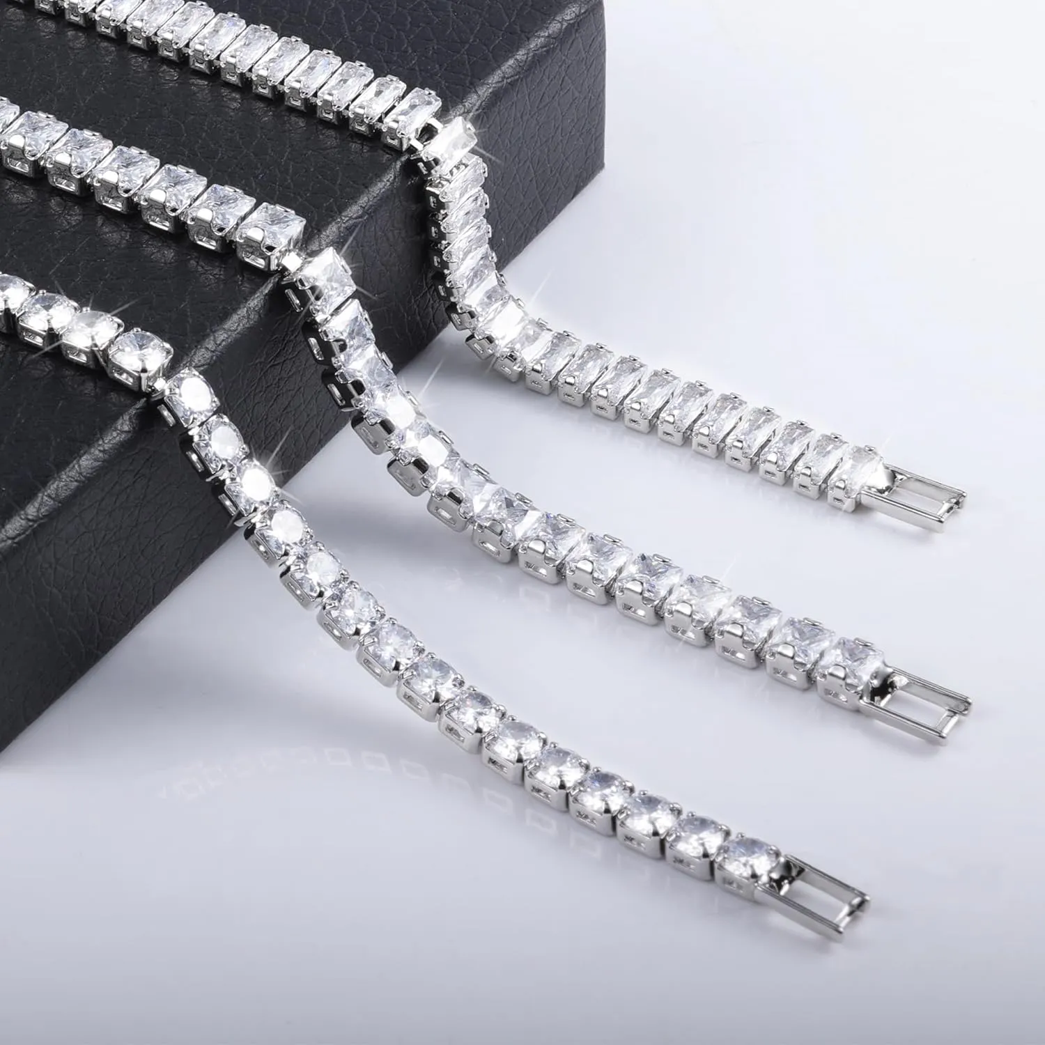 Diamond Tennis Bracelets for Women 3 PCS 4MM 5MM Mixed Adjustable Cubic Zirconia Classic Bracelet Set Fashion Jewelry Gifts (6.9")