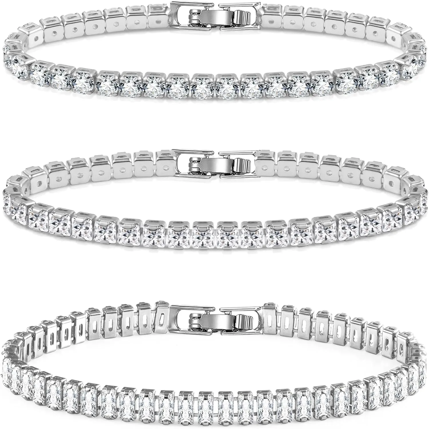 Diamond Tennis Bracelets for Women 3 PCS 4MM 5MM Mixed Adjustable Cubic Zirconia Classic Bracelet Set Fashion Jewelry Gifts (6.9")