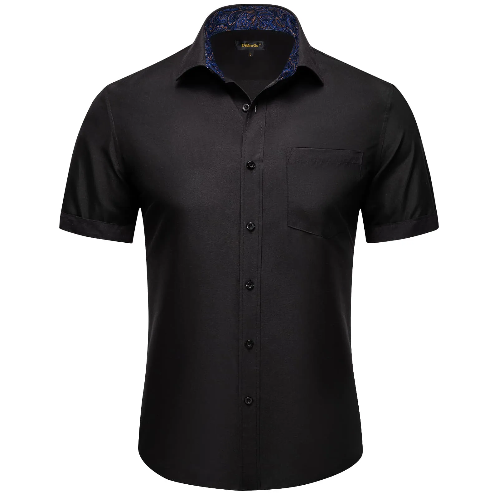 DiBanGu Work Shirt Black Blue Splicing Silk Mens Button Up Short Sleeve Shirt