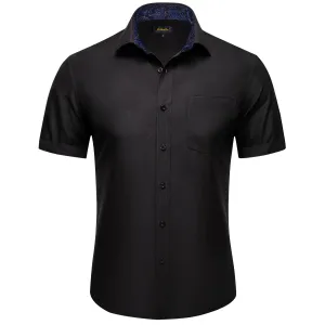 DiBanGu Work Shirt Black Blue Splicing Silk Mens Button Up Short Sleeve Shirt