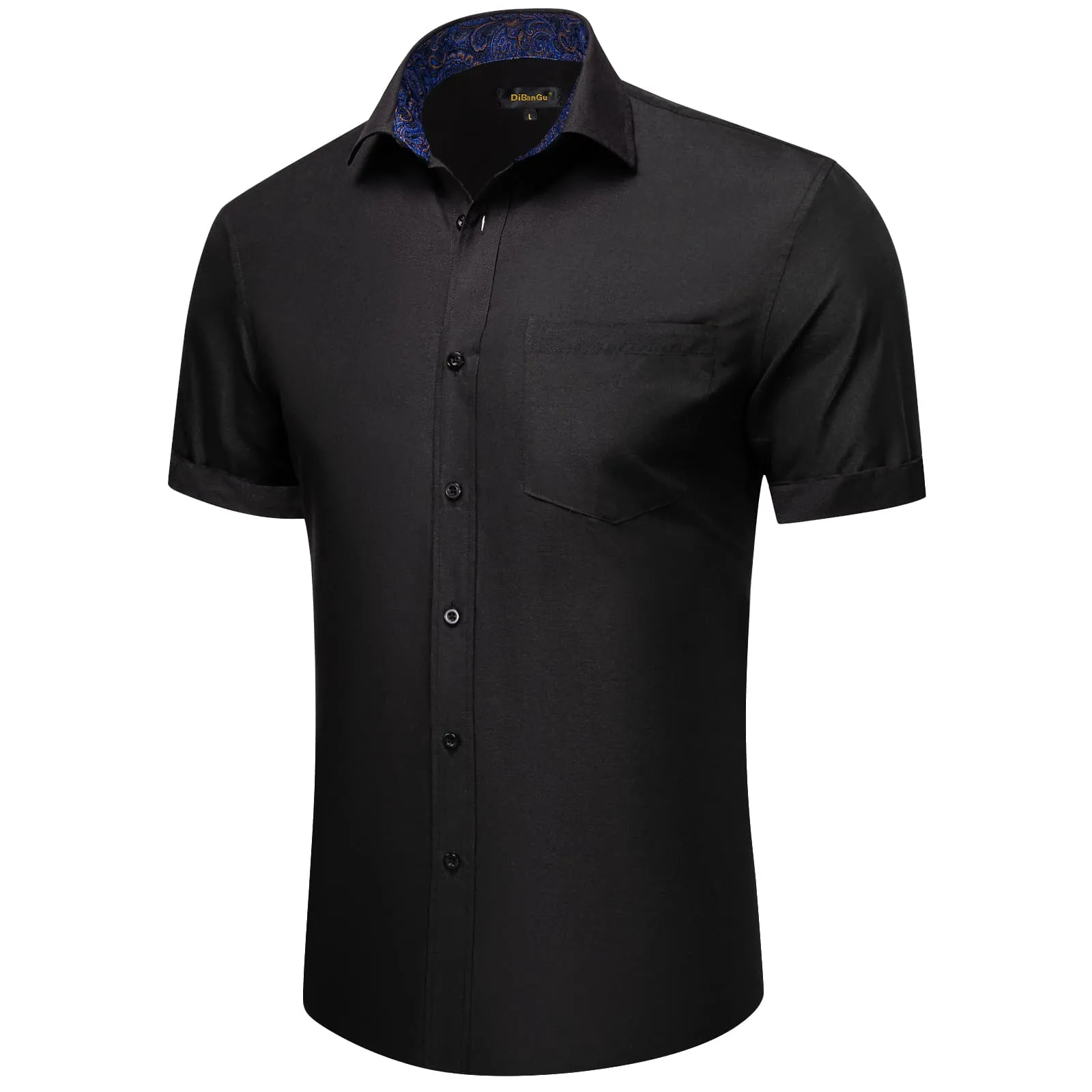 DiBanGu Work Shirt Black Blue Splicing Silk Mens Button Up Short Sleeve Shirt