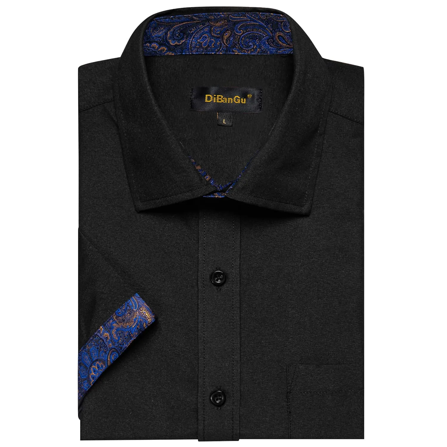 DiBanGu Work Shirt Black Blue Splicing Silk Mens Button Up Short Sleeve Shirt