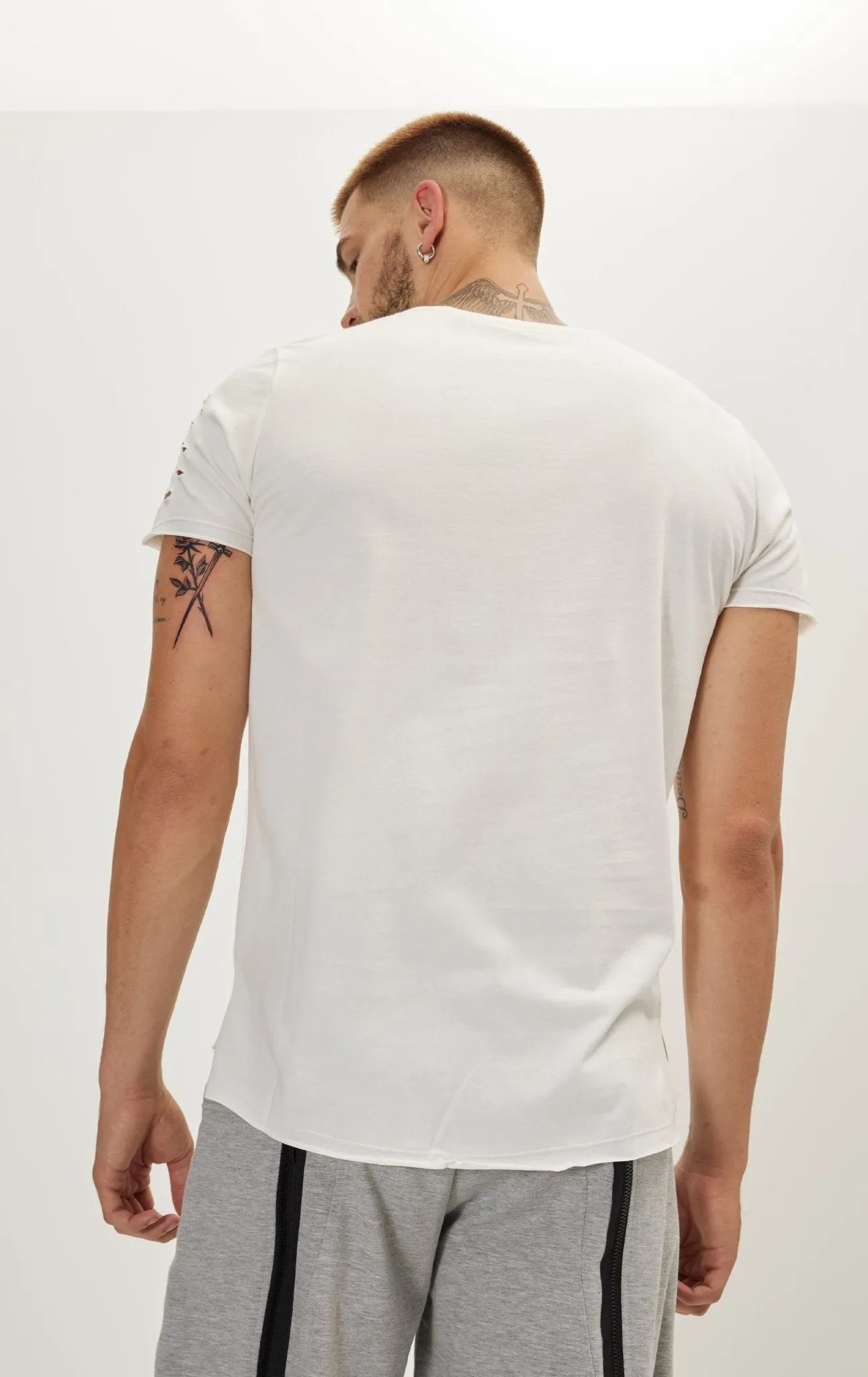 Distressed Button Down T-Shirt -Off White