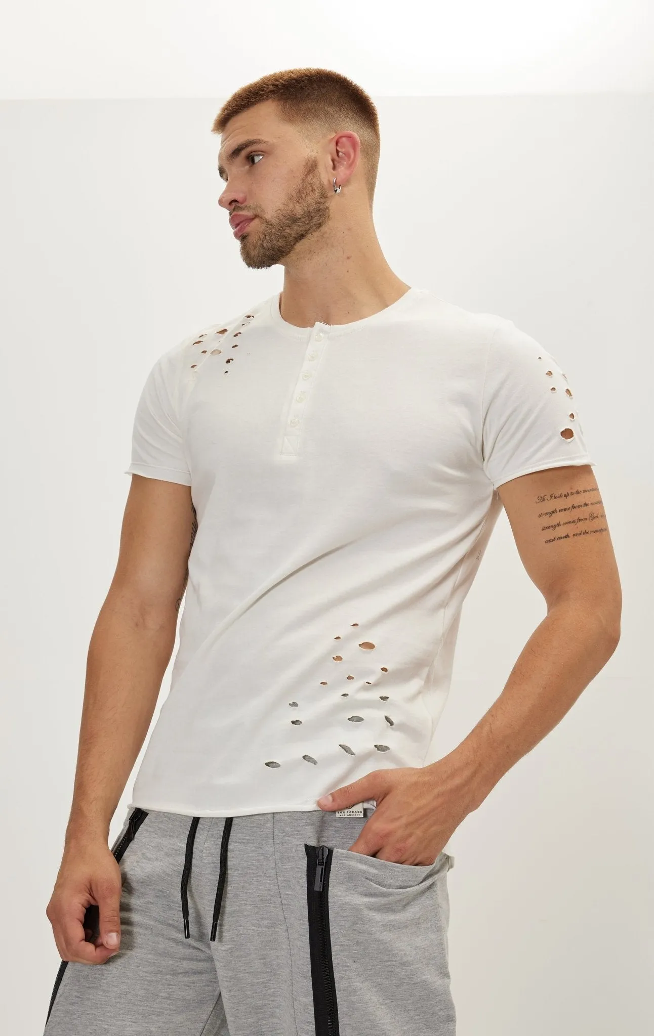 Distressed Button Down T-Shirt -Off White