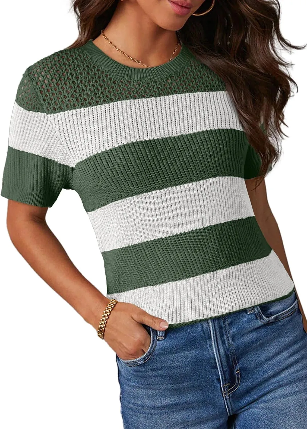 Dokotoo Womens Summer Tops Casual Short Sleeve Crewneck Striped Color Block Knit T Shirts Trendy Pullover Sweaters Blouses