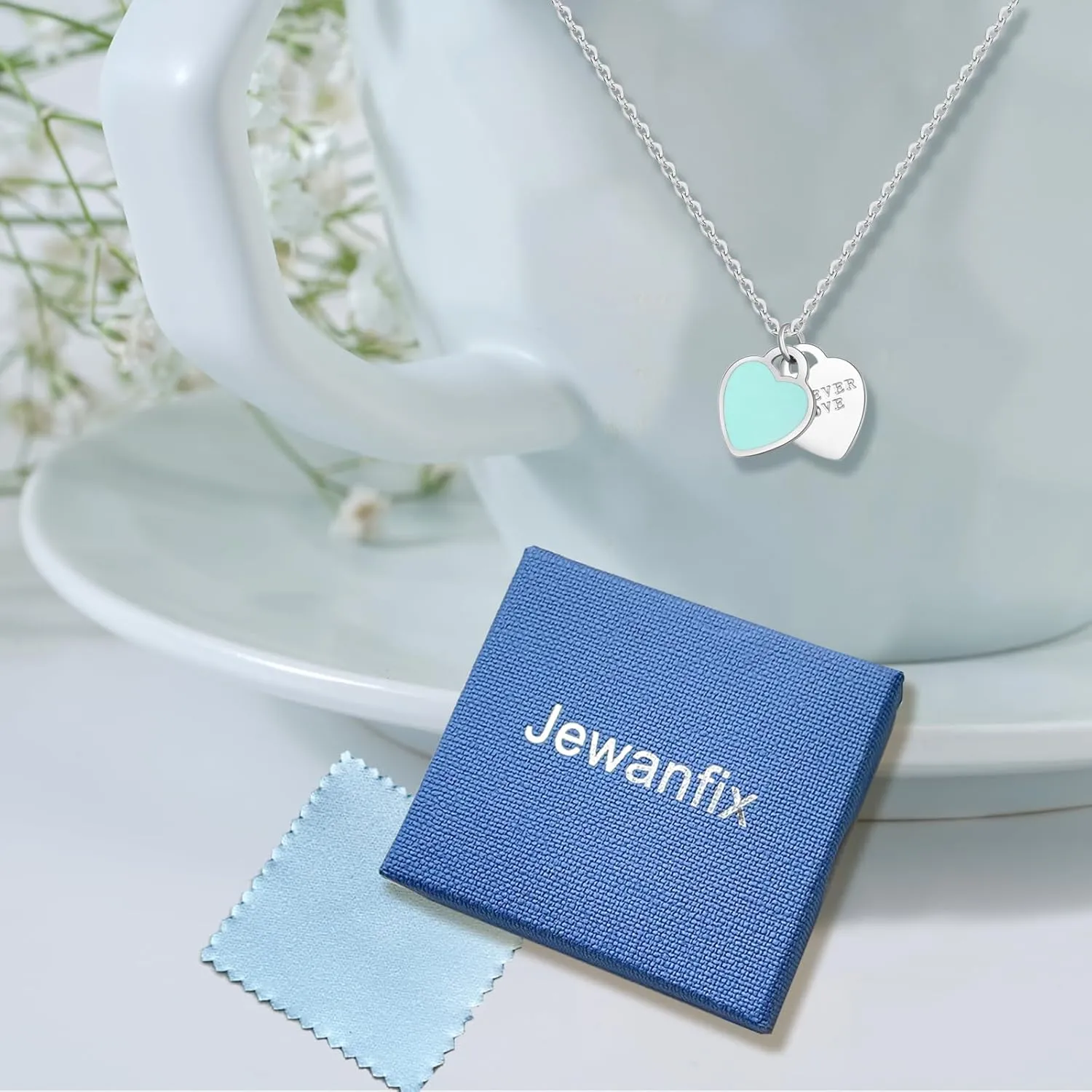 Double Heart Silver Necklace, Cute Dainty Love Pendant Necklaces for Women
