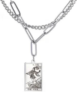 Double Layer Vintage Mini Tarot Card Pendant Necklaces Delicate Retro Stainless Steel Tarot Amulet Pendants Laser Engraved Astrology Magic Good Luck Chain Necklaces for Women Mens Jewelry Gift(FOOL)
