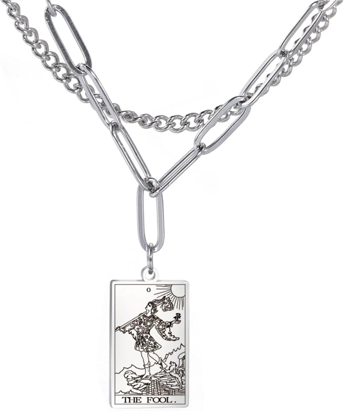 Double Layer Vintage Mini Tarot Card Pendant Necklaces Delicate Retro Stainless Steel Tarot Amulet Pendants Laser Engraved Astrology Magic Good Luck Chain Necklaces for Women Mens Jewelry Gift(FOOL)