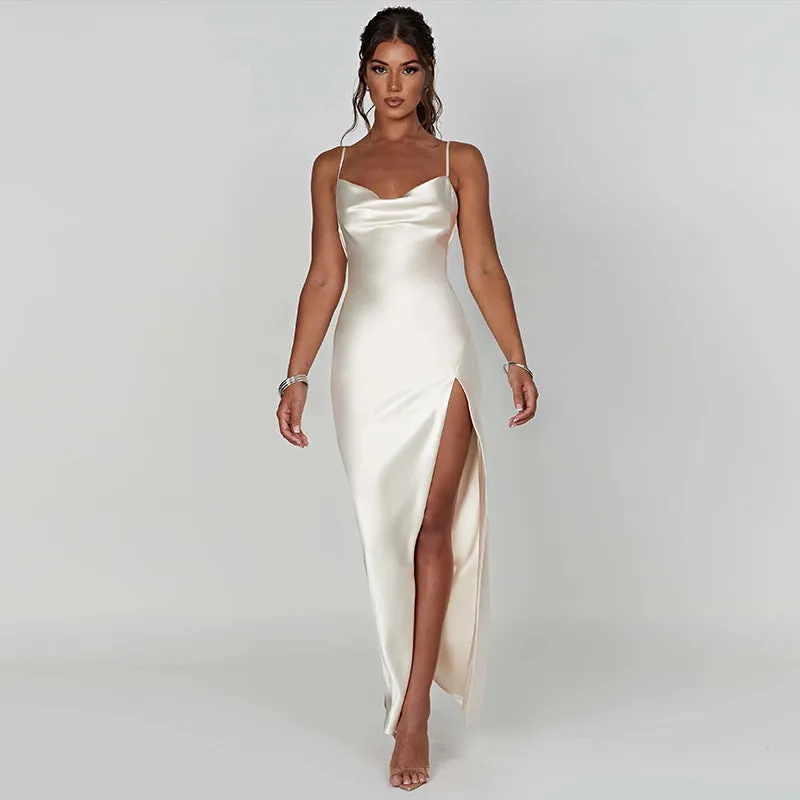 Draped neck satin maxi dress