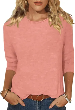 EADINVE Women's Casual 3/4 Sleeve T-Shirts Round Neck Cute Tunic Tops Basic Tees Blouses Loose Fit Pullover