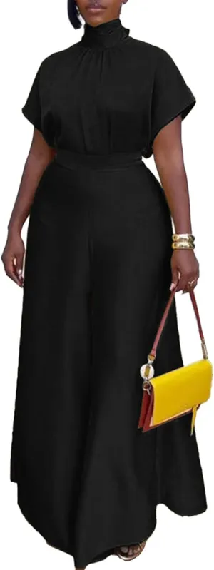 Ecirod Womens 2 Piece Church Outfits Turtleneck Bow Tie Cap Sleeve Tops High Waisted Flowy Wide Leg Palazzo Pants Set