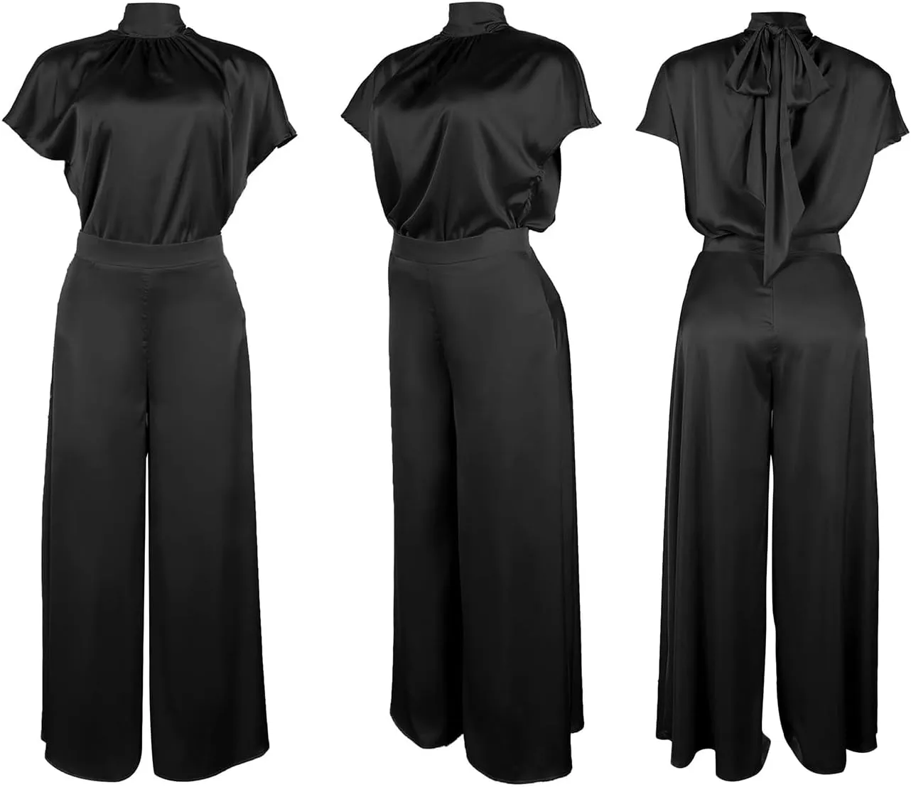 Ecirod Womens 2 Piece Church Outfits Turtleneck Bow Tie Cap Sleeve Tops High Waisted Flowy Wide Leg Palazzo Pants Set