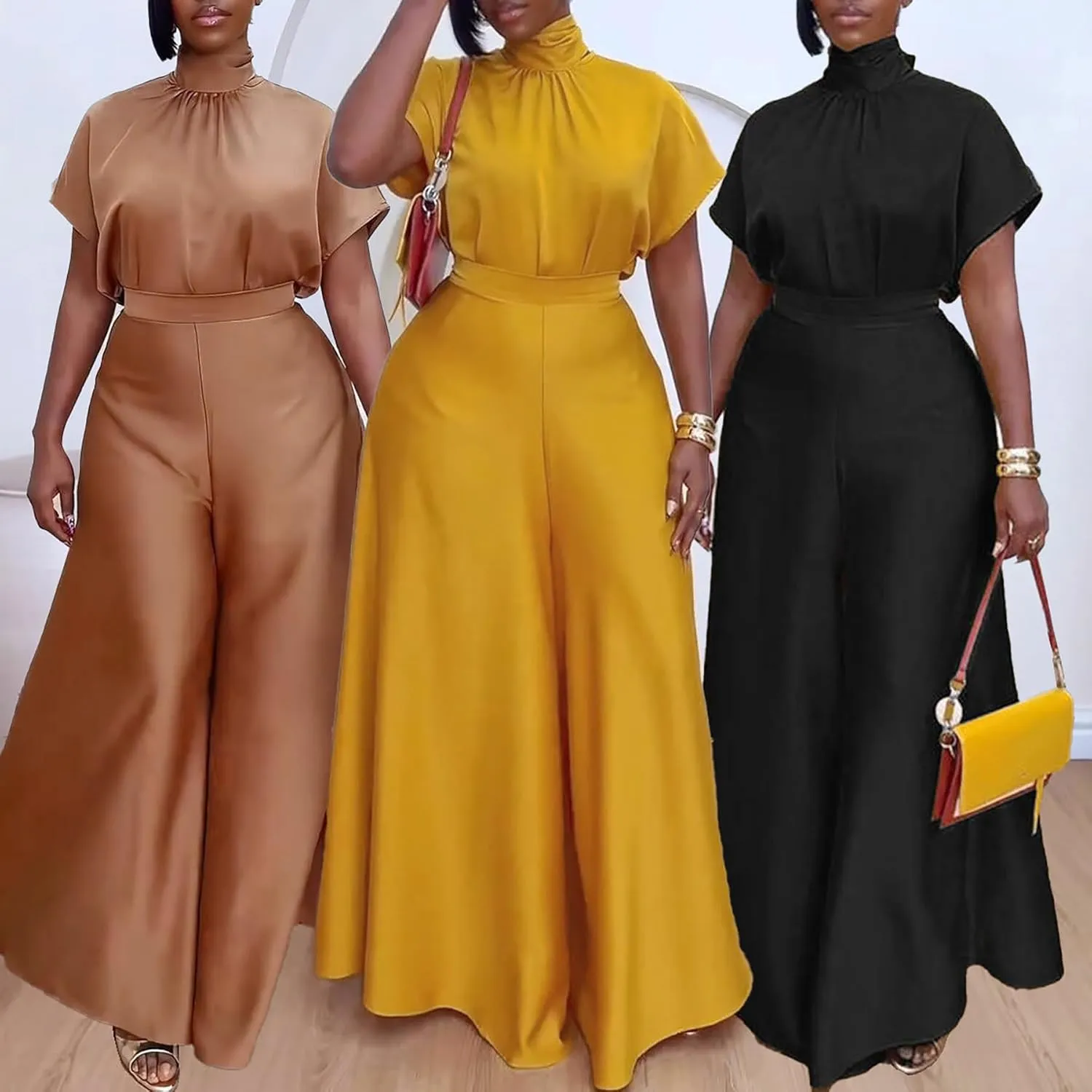 Ecirod Womens 2 Piece Church Outfits Turtleneck Bow Tie Cap Sleeve Tops High Waisted Flowy Wide Leg Palazzo Pants Set