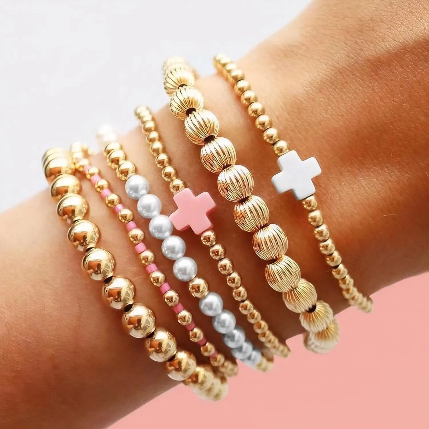 ecozran Gold Beaded Bracelets for Women Trendy Non Tarnish Gold Bracelet Stack Jewelry Sets, Paperclip and Cross Design Bracelets, Ideal as Birthday Gifts