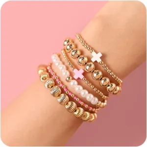 ecozran Gold Beaded Bracelets for Women Trendy Non Tarnish Gold Bracelet Stack Jewelry Sets, Paperclip and Cross Design Bracelets, Ideal as Birthday Gifts