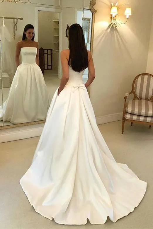 Elegant A Line Strapless Sleeveless White Wedding Dresses with Pockets Bowknot OHD105