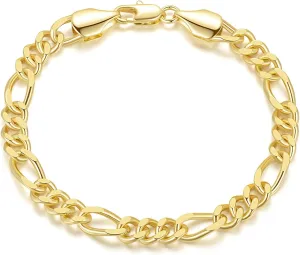 ERIN MARIE 14K Gold Bracelets for Women Men Non Tarnish Womens Mens Bracelet Figaro Link Gold Chain Bracelets 3-in-1 Charm Jewelry Gifts 6.5 in -9 in Length
