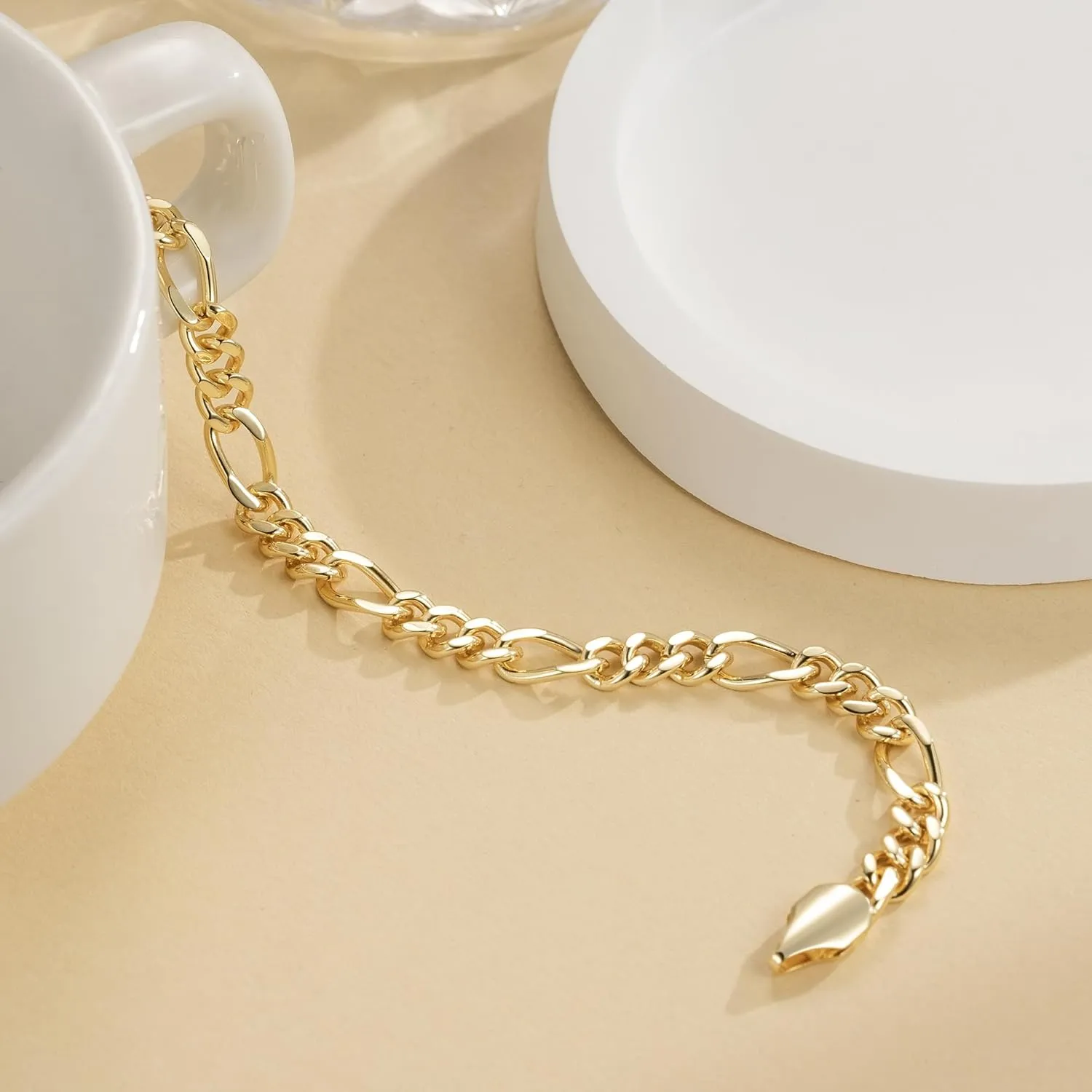 ERIN MARIE 14K Gold Bracelets for Women Men Non Tarnish Womens Mens Bracelet Figaro Link Gold Chain Bracelets 3-in-1 Charm Jewelry Gifts 6.5 in -9 in Length