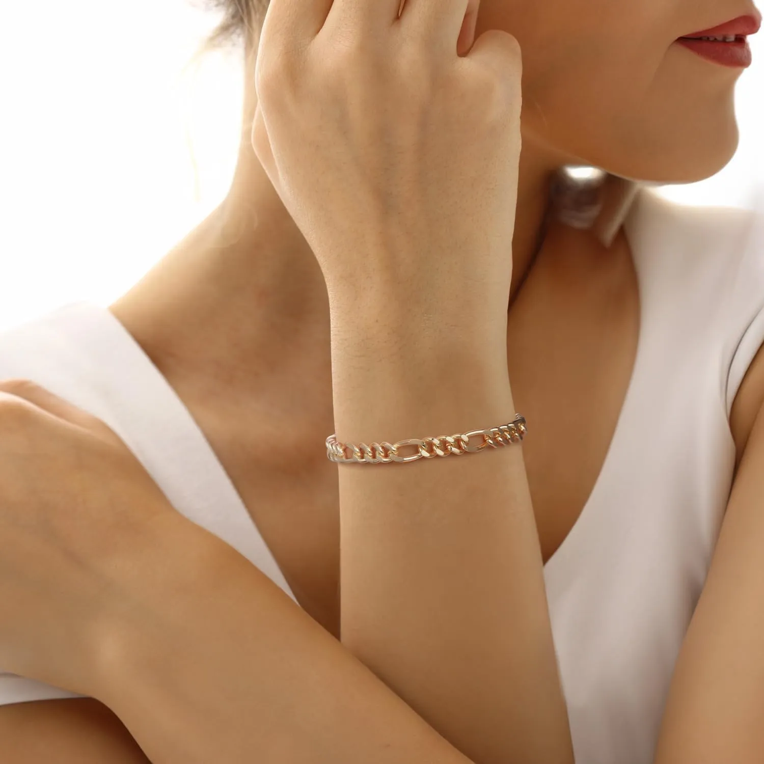 ERIN MARIE 14K Gold Bracelets for Women Men Non Tarnish Womens Mens Bracelet Figaro Link Gold Chain Bracelets 3-in-1 Charm Jewelry Gifts 6.5 in -9 in Length