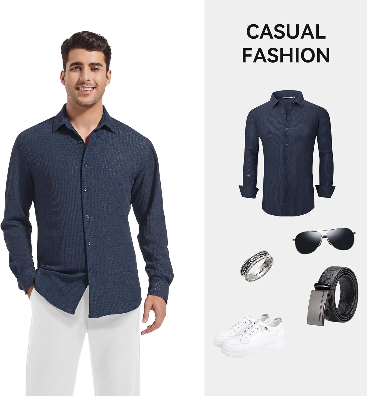 Esabel.C Seersucker Mens Dress Shirts Striped Cotton Casual Business Button Down Shirts for Men