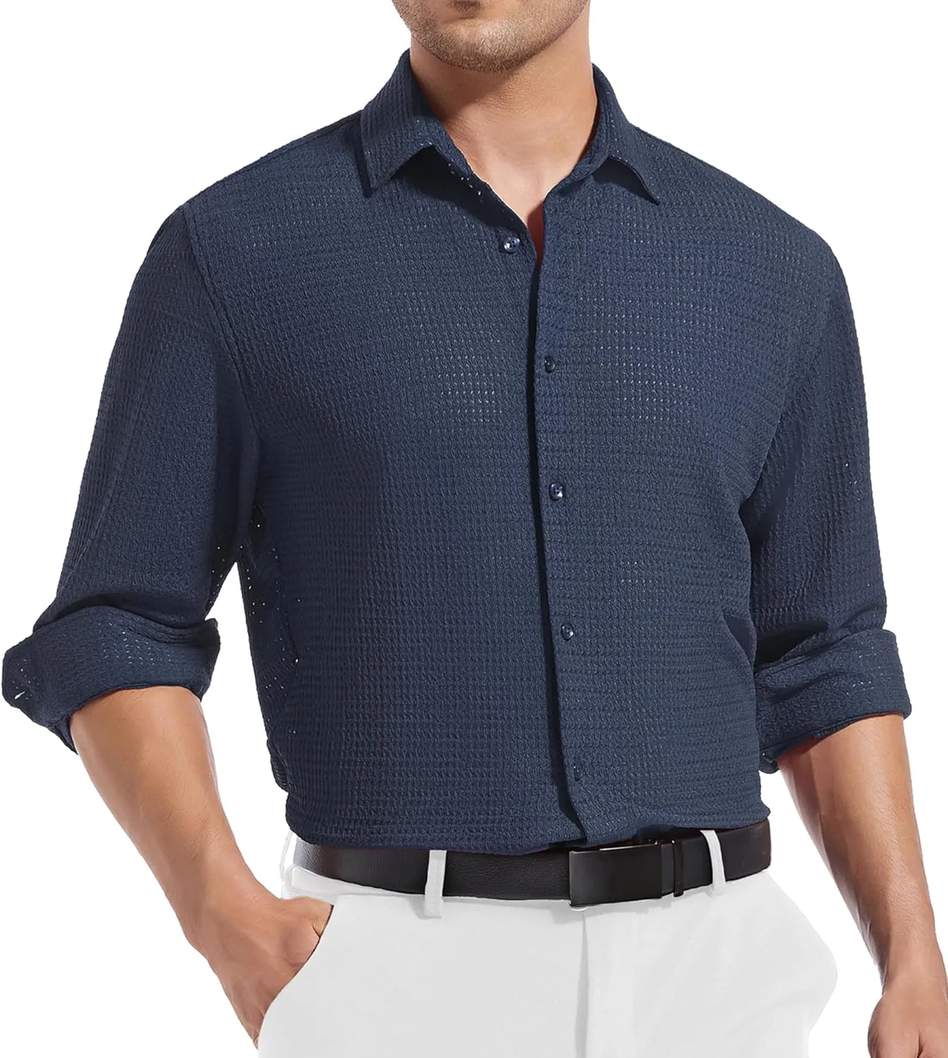 Esabel.C Seersucker Mens Dress Shirts Striped Cotton Casual Business Button Down Shirts for Men
