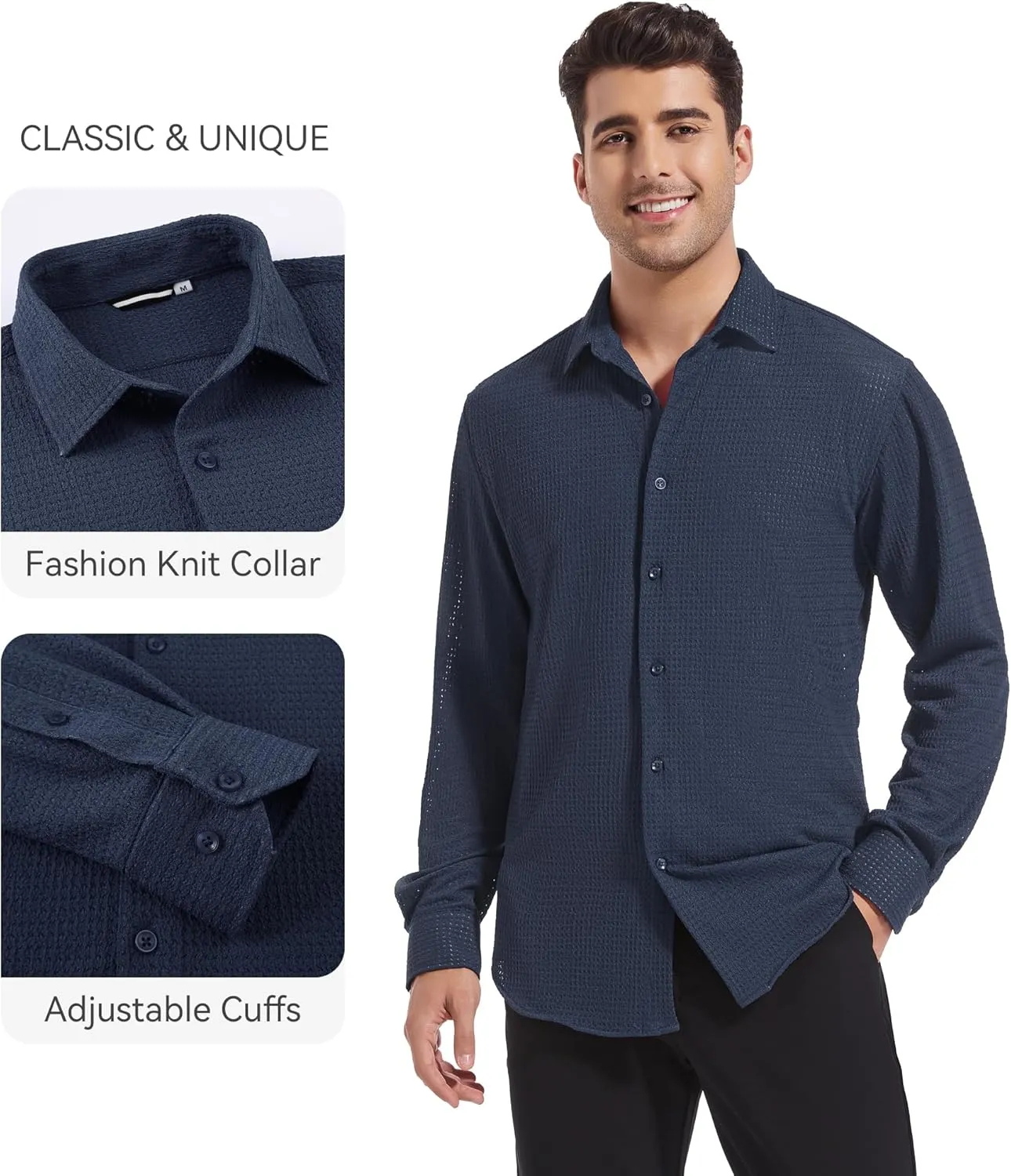 Esabel.C Seersucker Mens Dress Shirts Striped Cotton Casual Business Button Down Shirts for Men