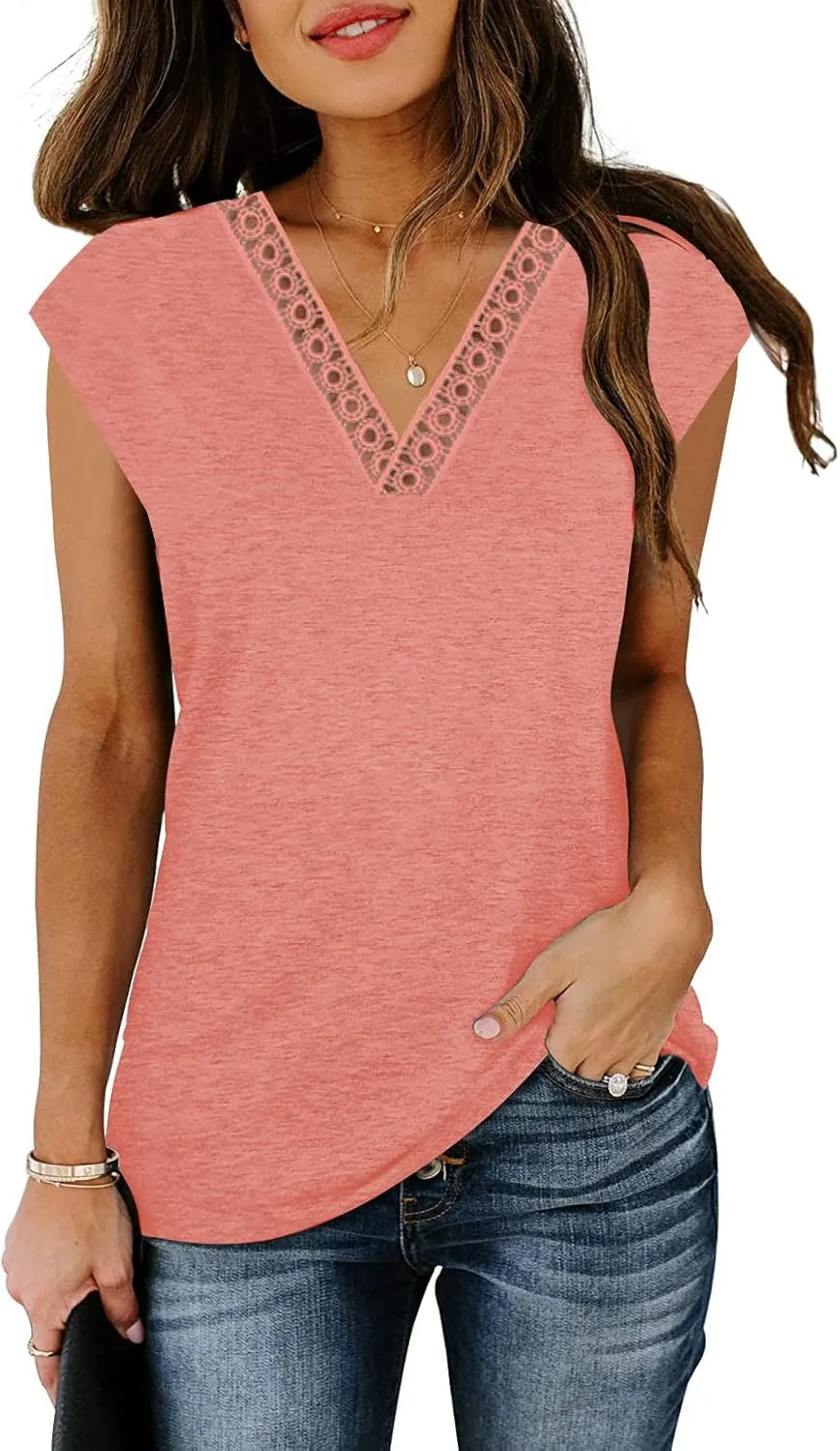 ETCYY Womens Summer Tank Tops 2025 Loose Fit Trendy Lace V Neck Solid Color Cap Sleeve T Shirts Blouses