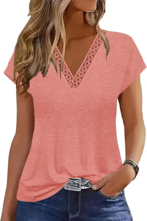 ETCYY Womens Summer Tank Tops 2025 Loose Fit Trendy Lace V Neck Solid Color Cap Sleeve T Shirts Blouses
