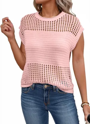 EVALESS Womens Tops Casual Summer Cap Short Sleeve Crochet Hollow Out Knit Sweater Vest Pullover T-Shirts Beach Coverup