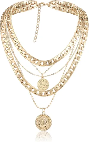 EVER FAITH Chunky Gold Layered Necklaces for Women, Trendy Retro Coin Punk 80s Hip Hop Multilayer Cuban Link Chain Statement Pendant Necklace