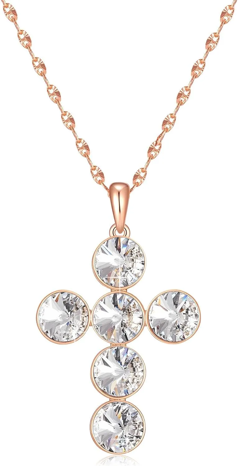 EVEVIC Austrian Crystal Cross Pendant Necklace for Women 14K Rose Gold Plated Hypoallergenic Crosses Pendant Charm Necklaces Jewelry Gifts