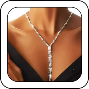 EVILD Rhinestone Long Necklace Silver Crystal Jewelry for Women